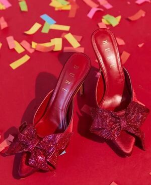 BURU rhinestone bow mules, luxury heels, designer holiday, Sz 7.5
